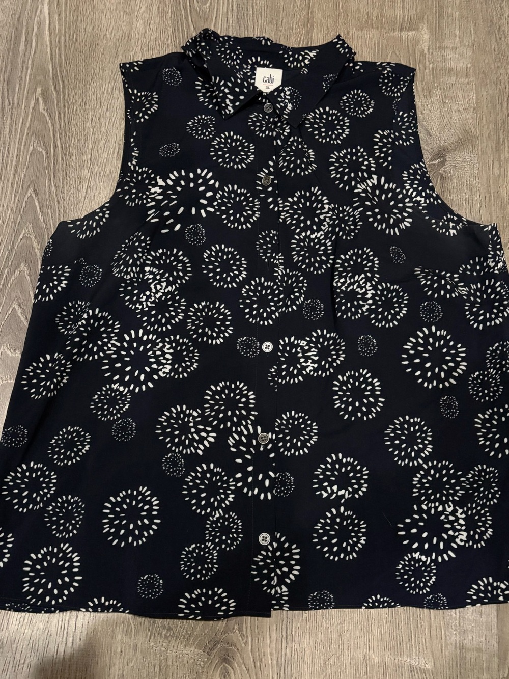 CAbi Navy and White Sleeveless Button-Front Dress with Firework Dot Print